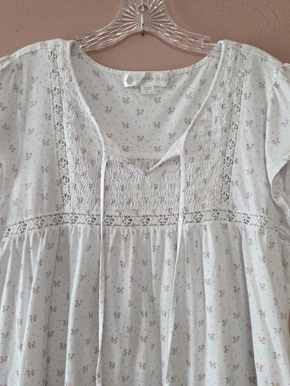 EILEEN WEST Smocked Sweetheart Pink Roses Jersey Knit Nightgown Large - Picture 3 of 7